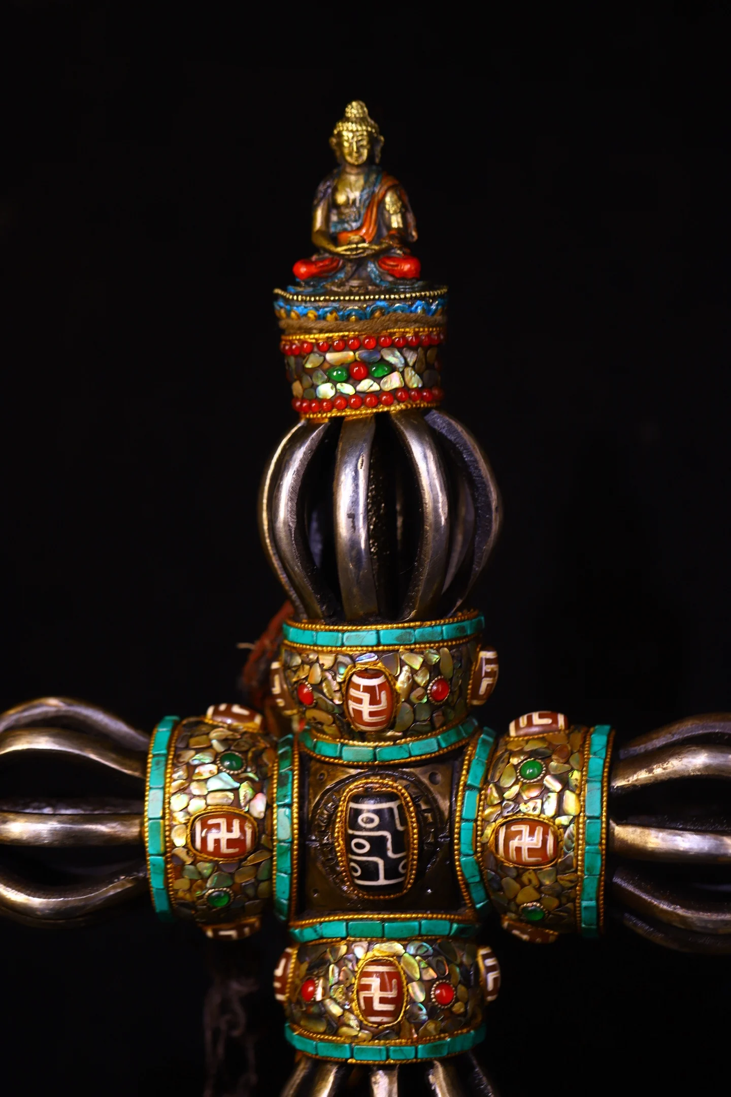 Old Tiantie Painted Mosaic Gem gZi Beads Turquoise Shakyamuni Buddha Cross Dorje Vajra Phurpa Prayer flag Base Worship Hall