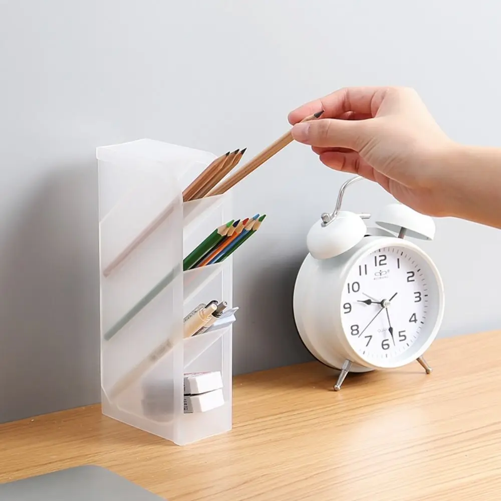 Plastic Pen Holder Frosted Transparent Pen Container High-capacity Oblique Insertion Makeup Brush Storage Bucket Students