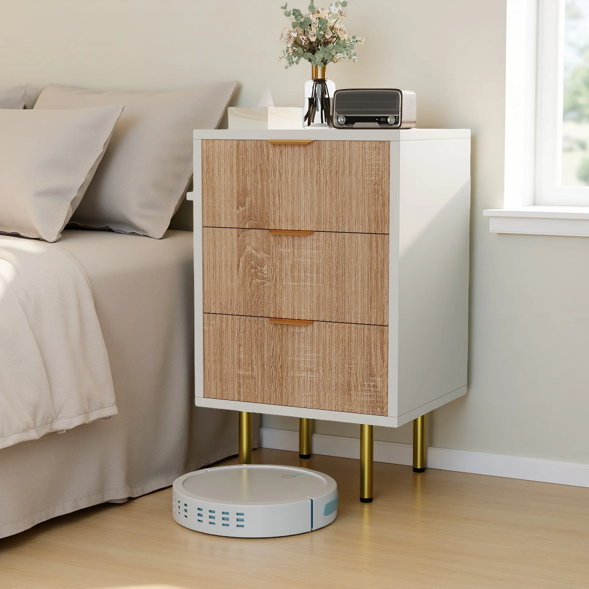 Juego de 2 mesitas de noche de madera, mesita de noche con 3 cajones y patas doradas, mesa auxiliar moderna para sala de estar, roble