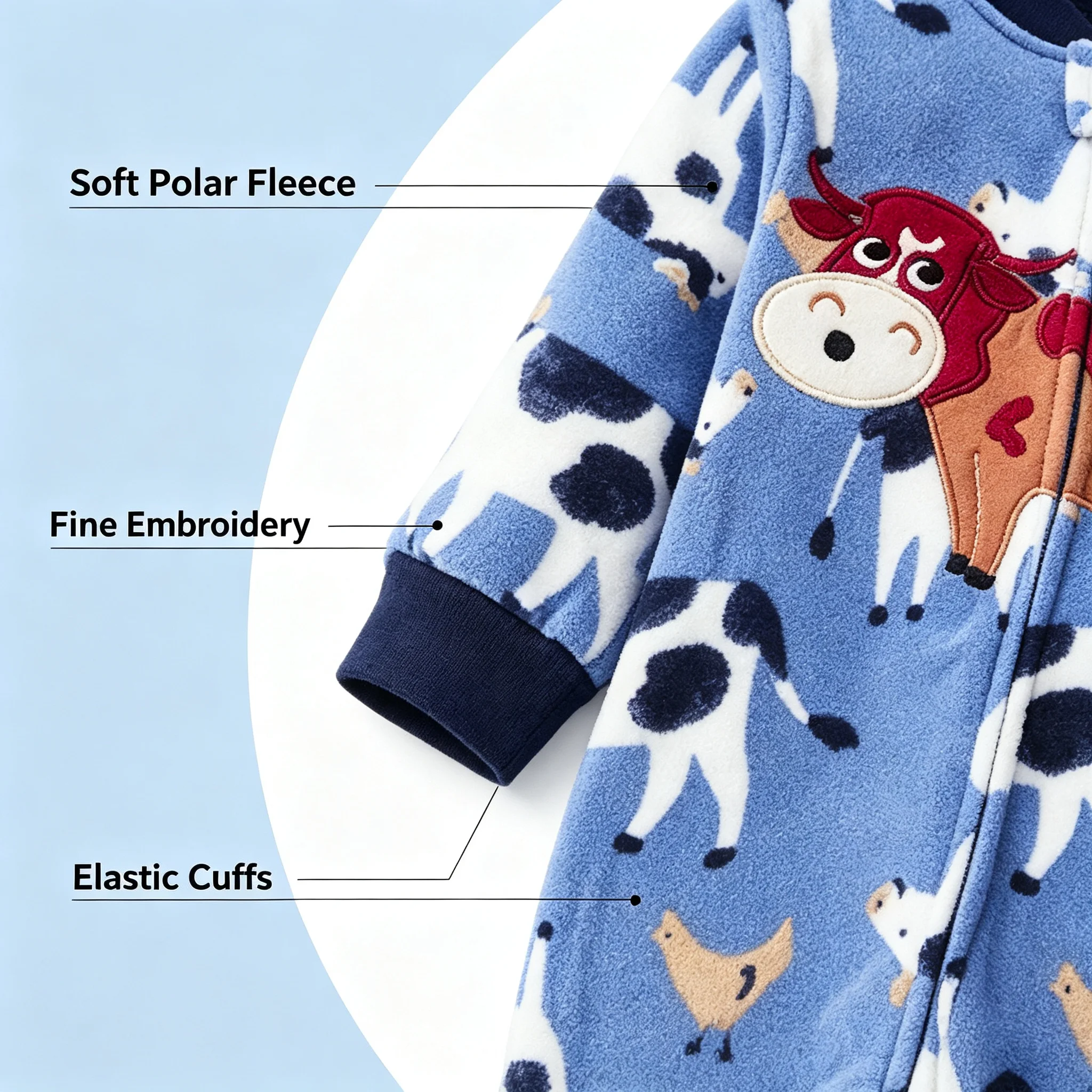 Infant Polar Fleece Footless Romper Farm Cow Animal Print Embroidery Long Sleeve Full Zip Baby Jumpsuit 6-24M