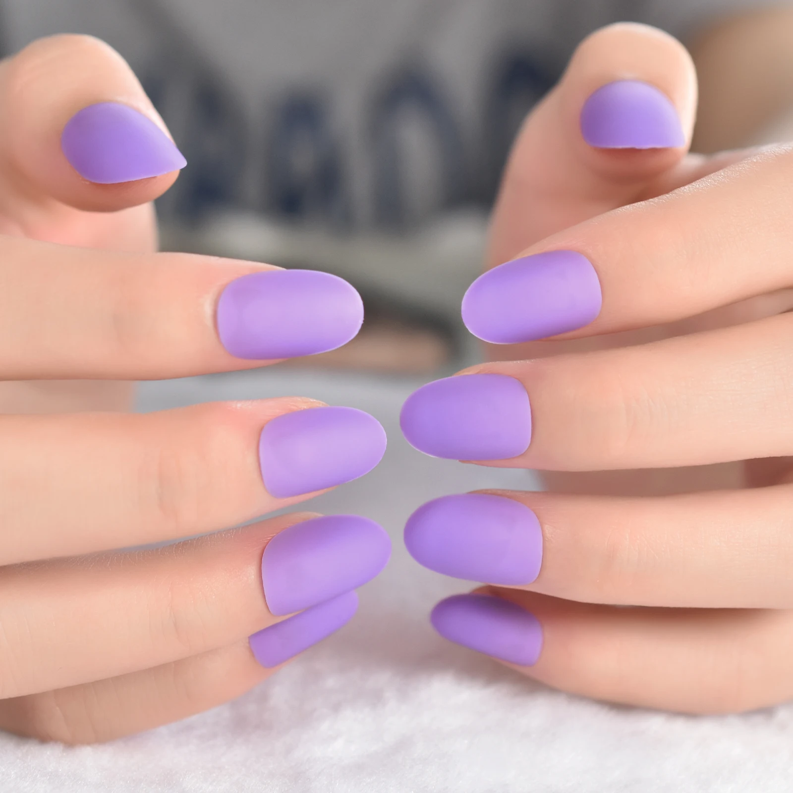 Short Purple Matte Almond Nails Pretty Fingernails Manicure Press On Nails Art Pure Color Fake Nails Wholesale For Daily Wear