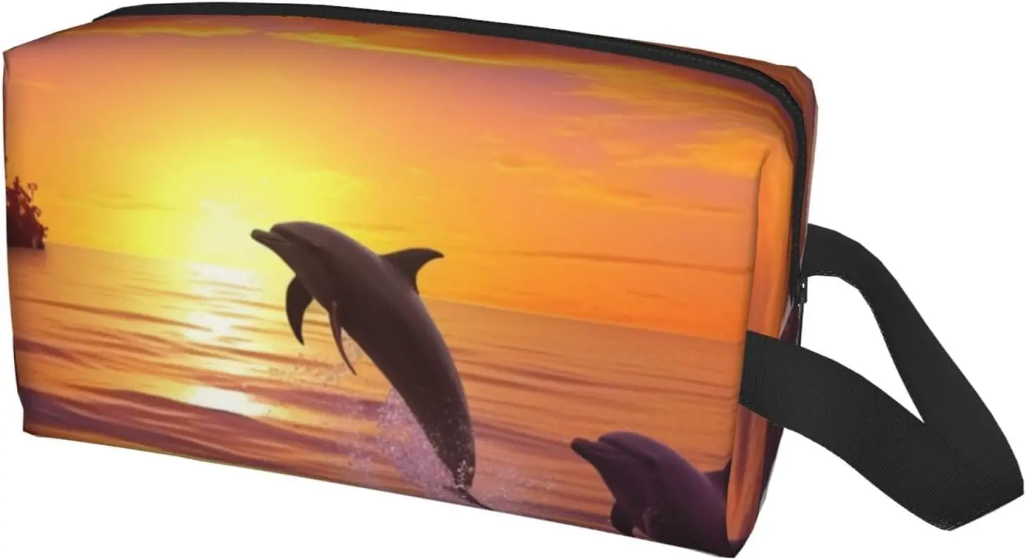 Travel Toiletry Bag for Women Men Leather Makeup Bag Large Portable Travel Organizer sunset dolphins Cosmetic Bag