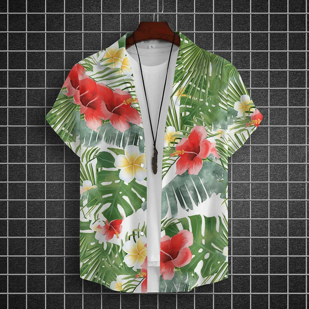 Hawaiian Shirt Men Beach Casual Short Sleeve Button Down Shirts Tropical Leaf Floral 3D Printed Clothing for Summer Vacation