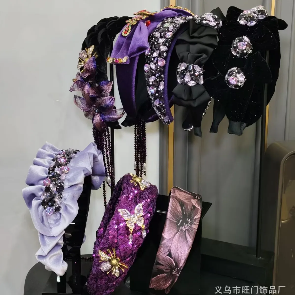 最高級の手作りパープルダイヤモンドヘアアクセサリージュエリー編組タッセルウェディングジェムヘッドバンド誕生日パープルフェザーヘッドウェア