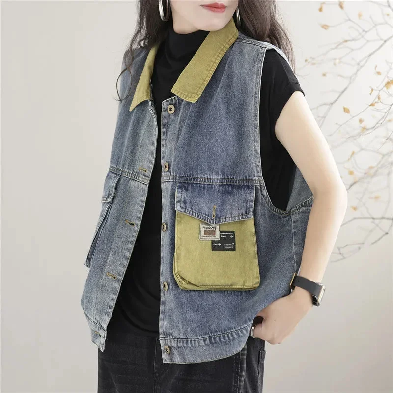 

Retro Women Fashion Jeans Waistcoat Coat Spring Autumn Lady Patchwork Denim Sleeveless Jacket Female Cowboy Waistcoat Top