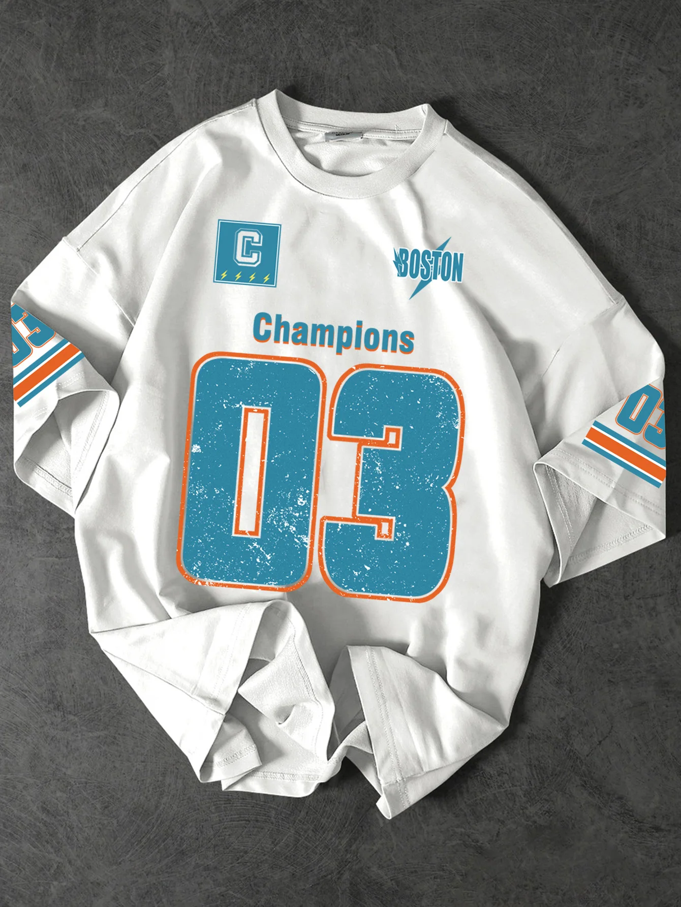 Men's American Retro Boston 03 Champions Printed T-Shirt, Loose Crew Neck Street Style Casual Top