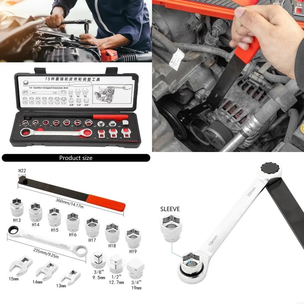 

964E 15Pcs atcheting Serpentine Belt Tool Set Extension Rod Adjustable Disassembly