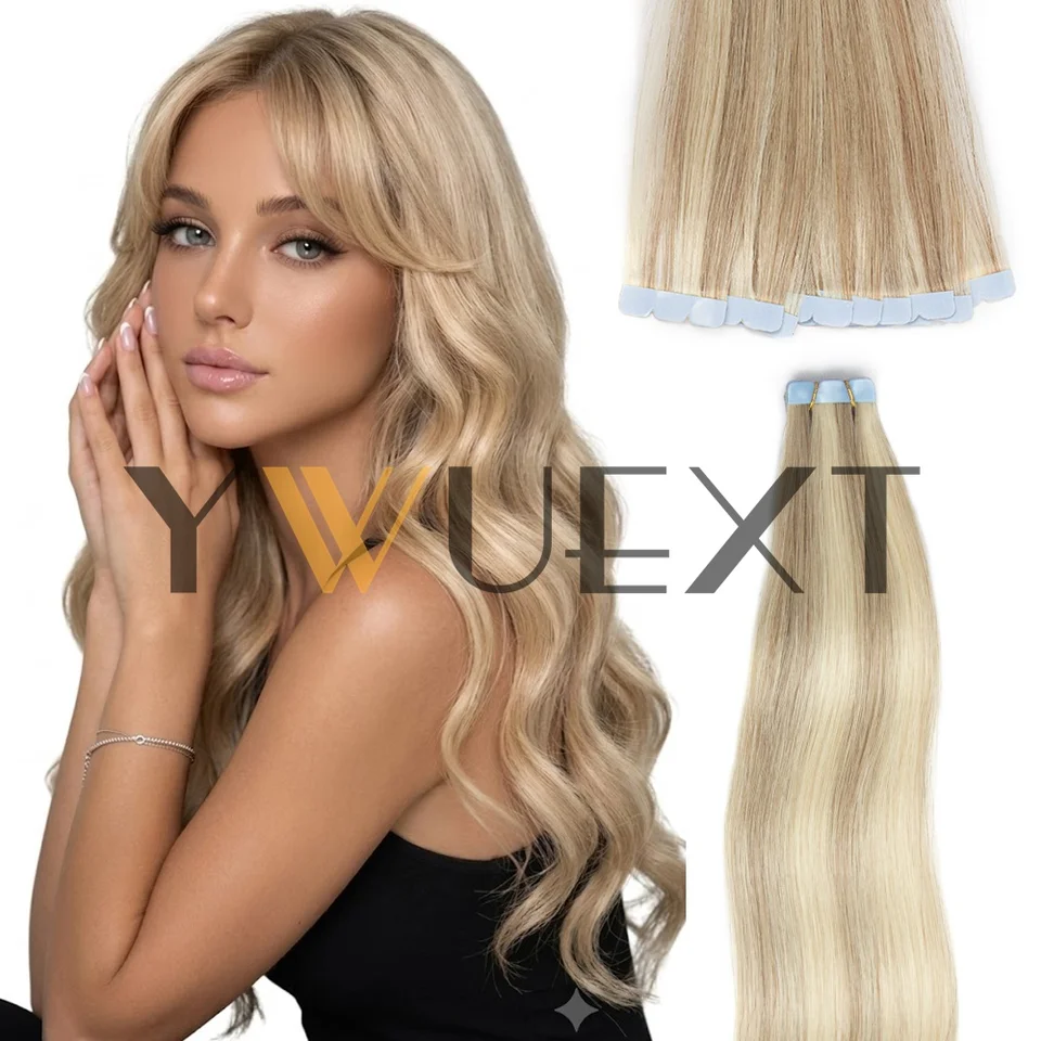 10 piezas/paquete Mini Extensiones de Cabello con Cinta, 12" 16" 20" Cabello Humano Real, Negro con Mechas Rubias, Invisible Skin Weft, No-Remy, Extensiones con Cinta 2