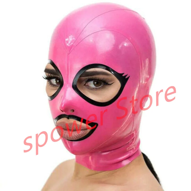 

Natural Latex Full Head Latex Hoods Rubber Mask Fetish Cosplay Mask Pink with Black Trim Back Zipper Club Wear