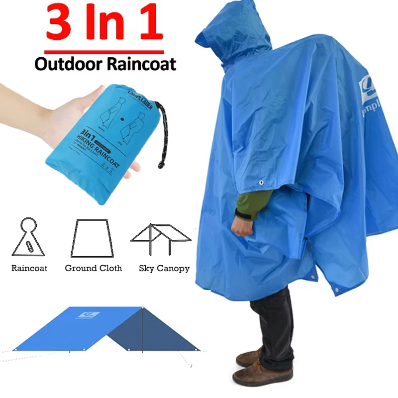 

3 in 1 Multifunction Poncho Raincoat for Men Hiking Fishing Mountaineering Rain Jacket Portable Sunshade Tarp Camping Mat Tent