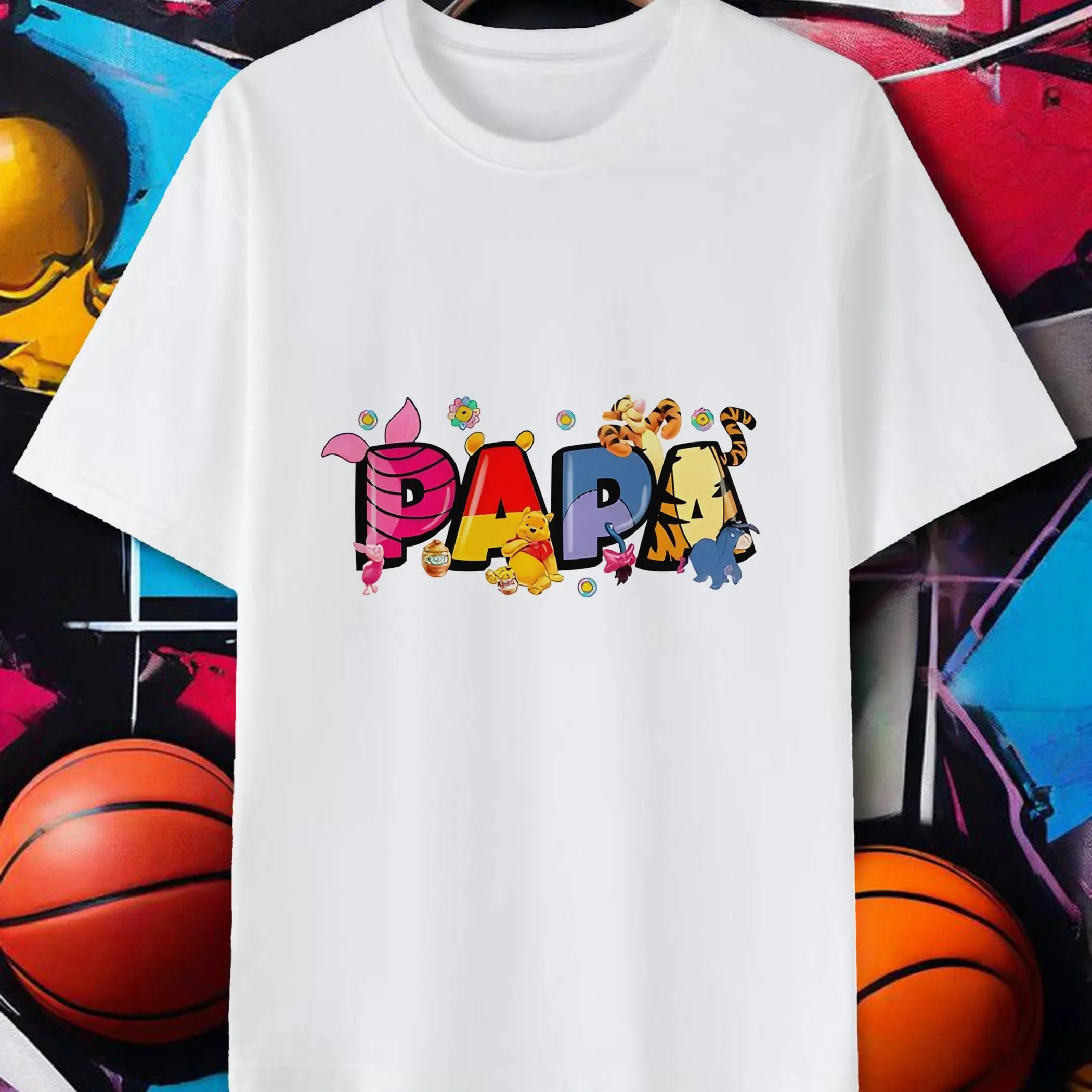 Disney Winnie The Pooh, Tiger und Schwein Yieli „PAPA“ bedrucktes Baumwoll-Kurzarm-T-Shirt Leisure Machine Wash.