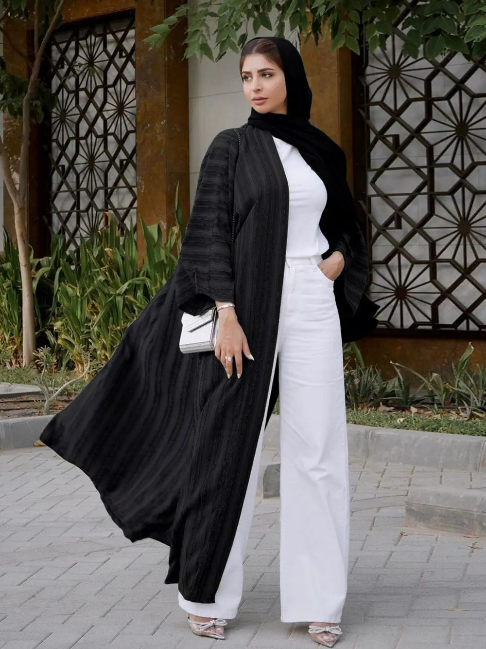 Muslim Open Kimono Abaya Striped Retro Ethnic Cardigan Robe Dubai Middle Eastern Saudi Arabia Eid Clothes Black