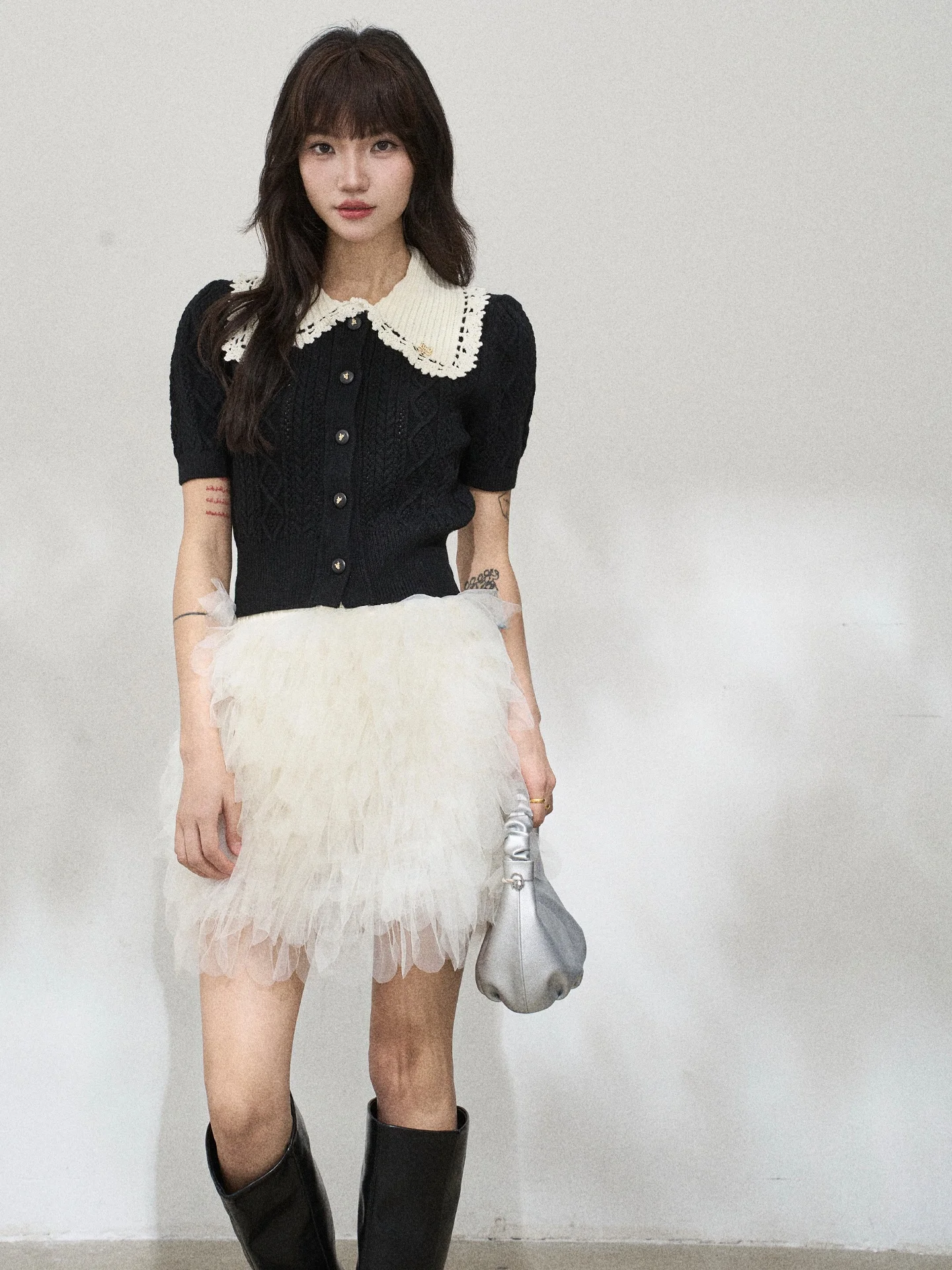 

Flower7 Heavyweight Wool Knitted Cardigan ort Sve Doll Collar Women's Spring Faion Korean Sle Soft Nylon Fabric