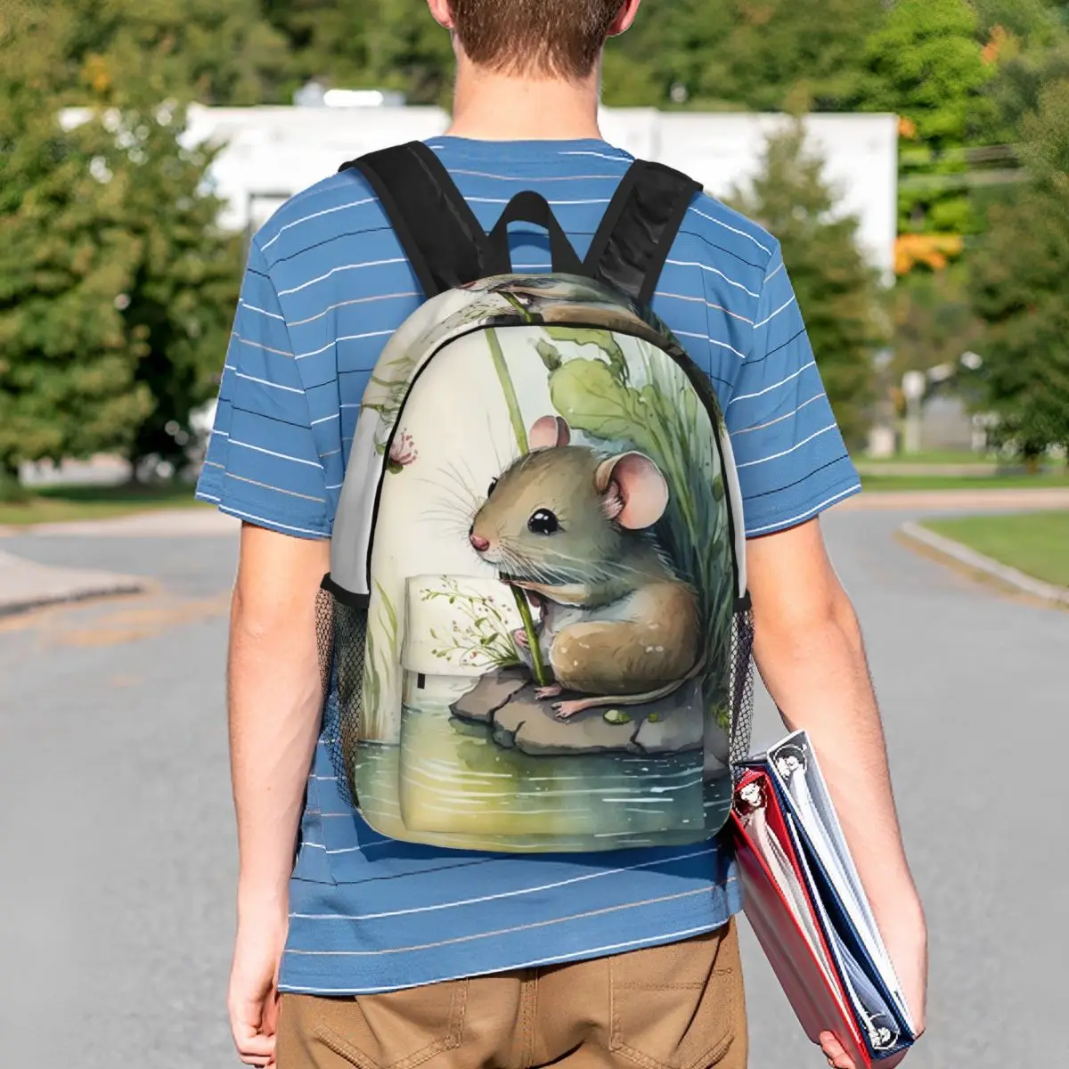 Mochila escolar com desenho de rato e planta em aquarela, bolsa escolar para estudantes, bolsa escolar infantil, bolsa de ombro para computador, para meninos e meninas
