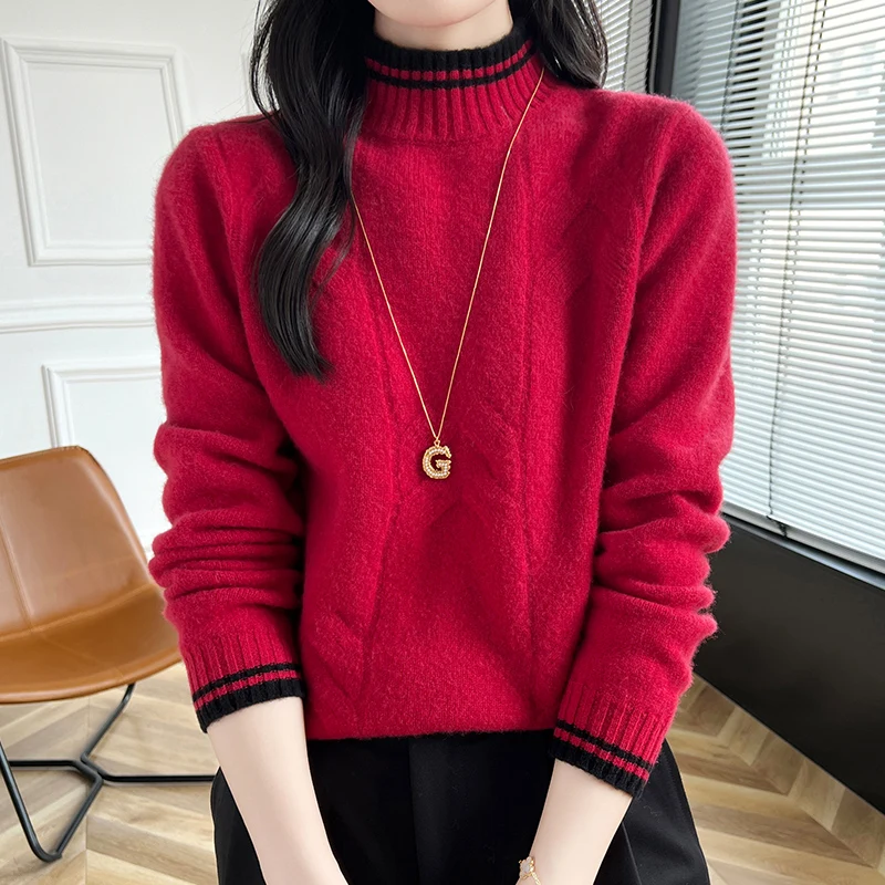 

Free shipping Women Sweaters 100% Wool Knitted Leisure High-neck Pullovers Warm Soft Tops 2024 Autumn/Winter New Style Clothings