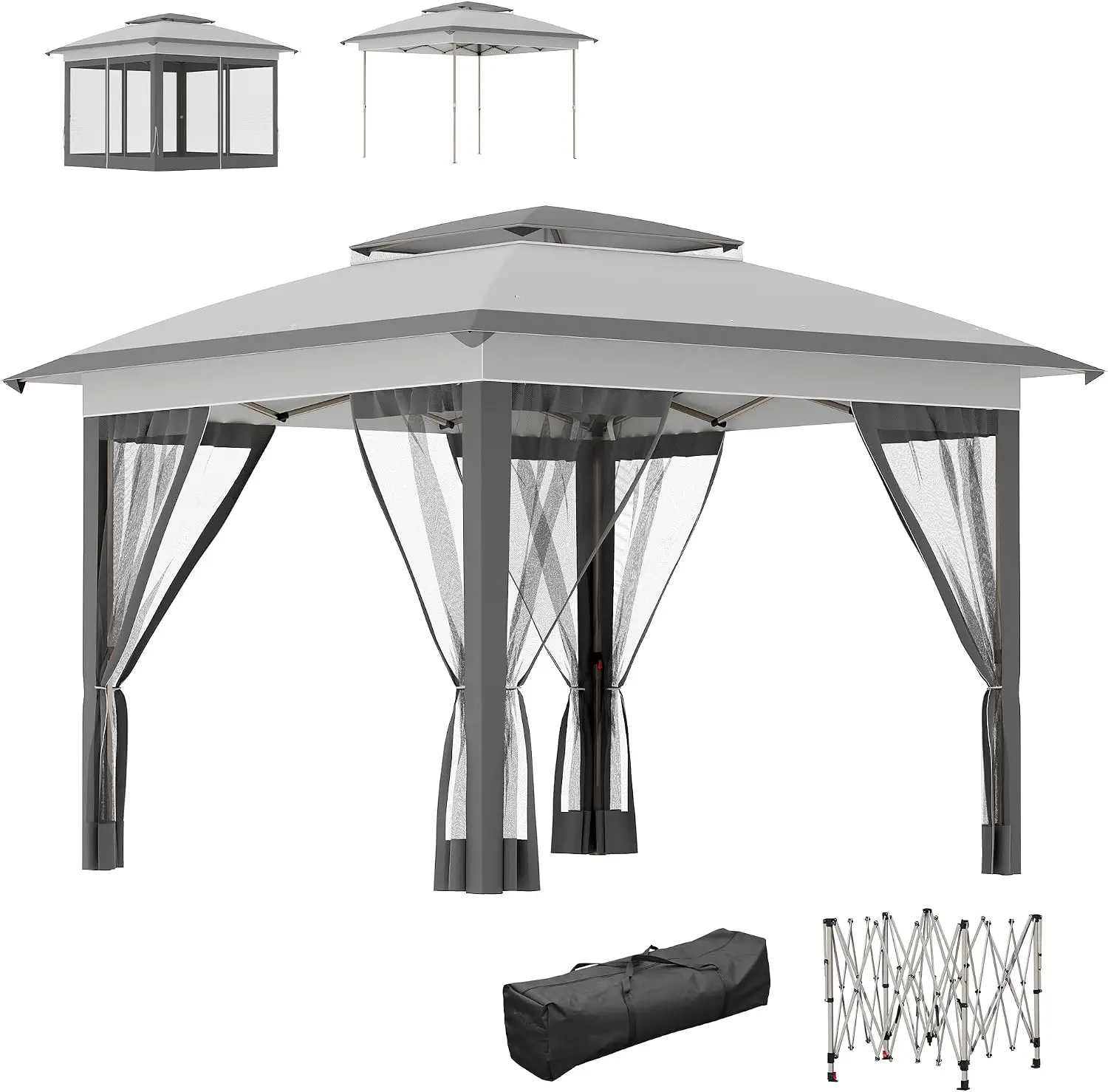 Pop Up Canopy Tent Netting & Carry Bag, 137 sq.ft Shade Area, 2-Tier Vented Gazebo 3-Level Adjustable Height for Patio