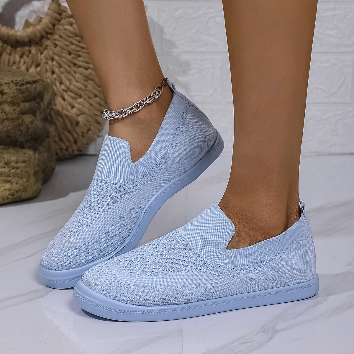حجم كبير الترفيه الشقق 2025 صيف جديد لينة أسفل أحذية فلكنيز عادية شبكة جوفاء الانزلاق على الصلبة حذاء واحد مسطح #6