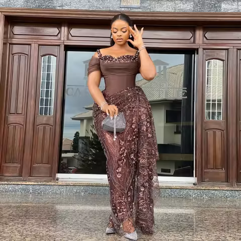 Fabulous Brown Lace Evening Dresses African Traditional Wedding Bride Dress Luxury Beads Lace Birthday Dress Asoebi Evening Gown