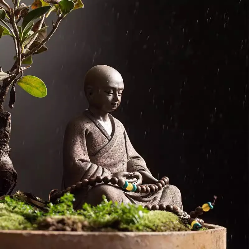 Ceramic Little Monk Sculpture, Purple Sand Art, Desktop Decorative Figure Statue, High-End, Home, Office, Tea Room, Retro Style