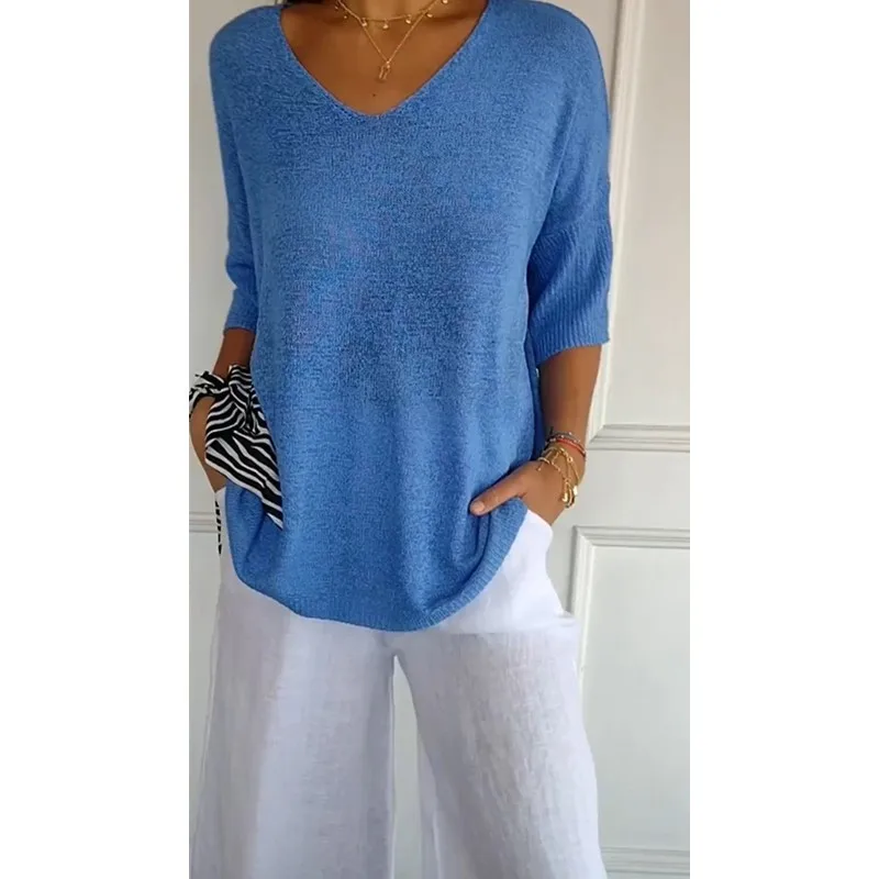 Women's Knitted Base Layer Top Casual  Loose Sweater Autumn Winter New V-Neck Slimming Seven-Half Sleeve Solid Color Sweater
