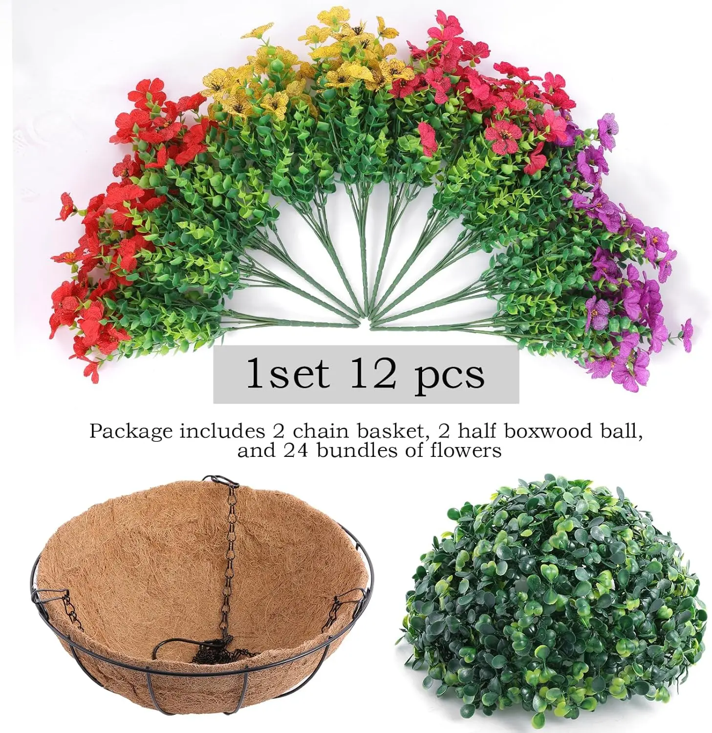 2 Set Artificial Outdoor Flowers with Hanging Basket, 2 Hanging Planters with 24 Pcs Flowers