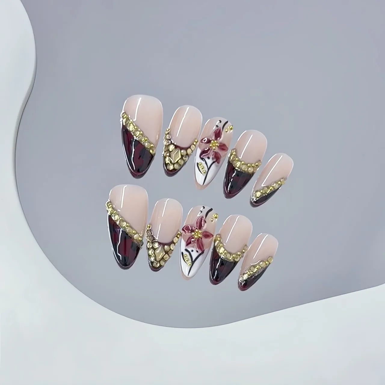 10 pièces à la main amande presse sur ongles imprimé léopard français strass 3D sculpture fleur conception douce Cool faux ongles portable ongles