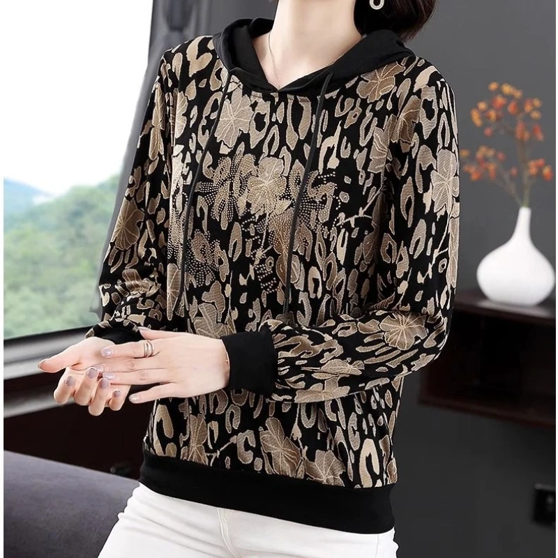 Spring Autumn Thin Hooded Loose Print Vintage Sweatshirts Long Sleeve All-match Casual Pullovers Top Fashion Trend Women Clothes