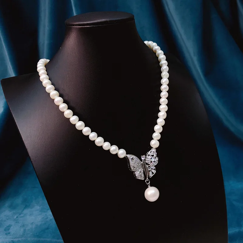 

freshwater pearl white near round 7-8mm ZIRCON BUTTERFLY pendant necklace 43cm