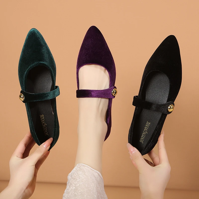 Spring Mary Jane Ballet Flats Shoes Woman Velvet Slip-on Women\'s Shoes Comfortable Soft Pointed Toe Flat Shoes for Women Zapatos