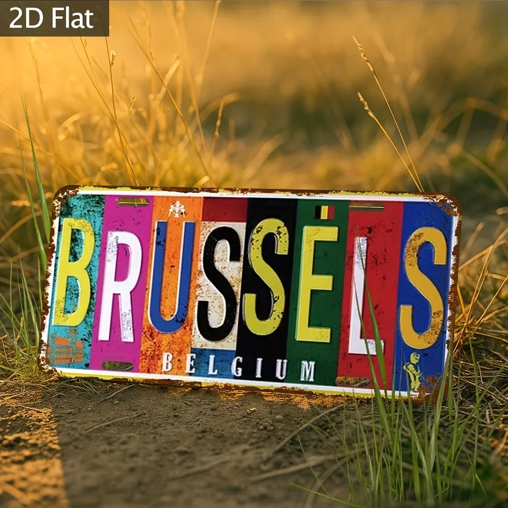 Aluminum Wall Decor Plaque es (30x15cm) -  Rustic Metal Sign with Brussels Belgium License Plate Design, Multi-Purpose Industria