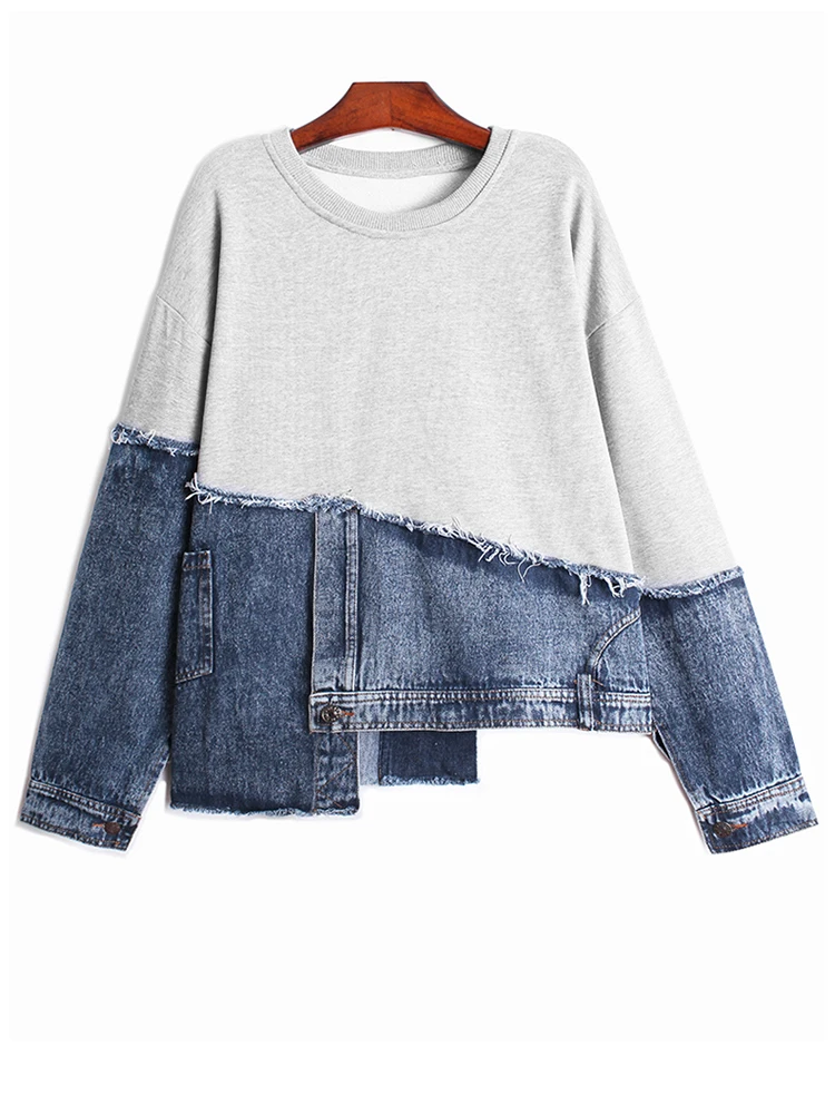 Black Denim Irregular Casual Sweatshirt New Round Neck Long Sleeve Women Big Size Fashion Tide Spring Autumn X893