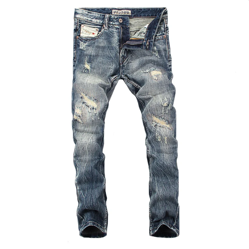Streetwear Fashion Men Jeans Retro Wash Slim Fit Destroyed Ripped Jeans Men Hole Trousers Patched Vintage Designer Pants Hombre
