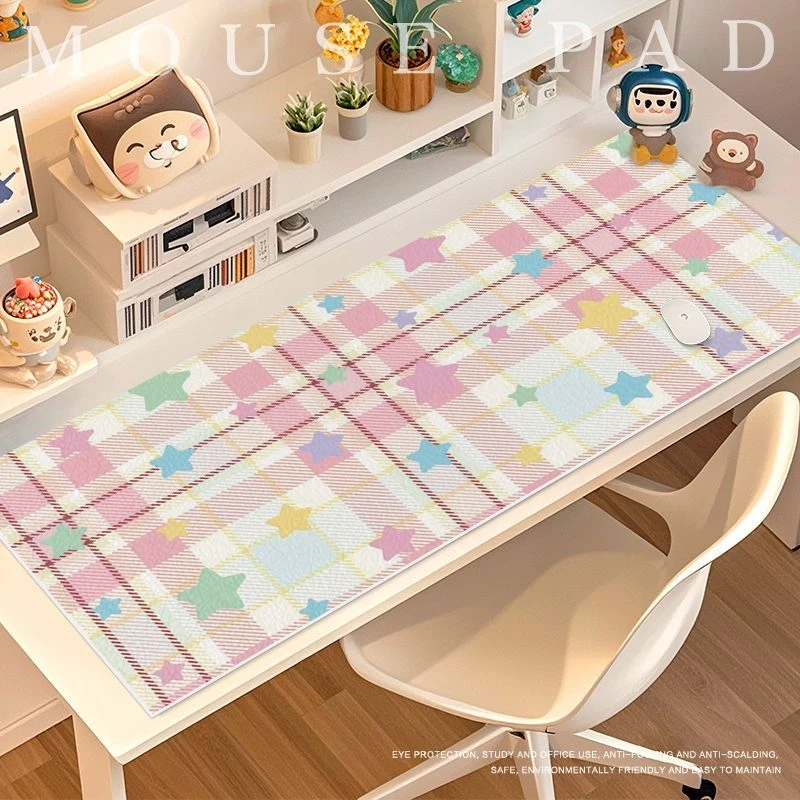 Cute Pink Grid Star Y2K Large Table Mat Waterproof PU Leather Protective Pad For Mousepad Dorm Desk Coffee Dressing Table Mat
