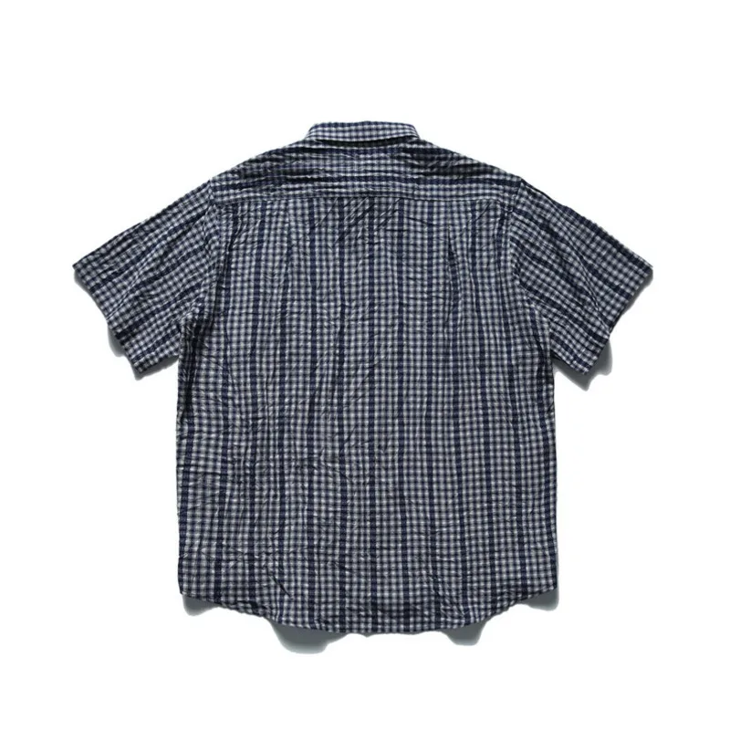 WVGA Summer New Men's Wrinkled Design Trendy Short Sleeve Shirt Niche Chic Casual Turn-Down Collar Plaid Design Thin Tops W24042