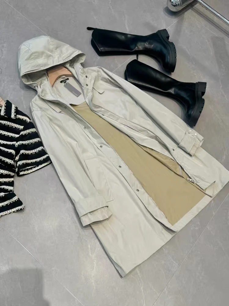 Casual Lightweight American Style Hooded Windbreaker Coat Medium Length Jacket Outerwear for Women Spring Season Zipper Closure