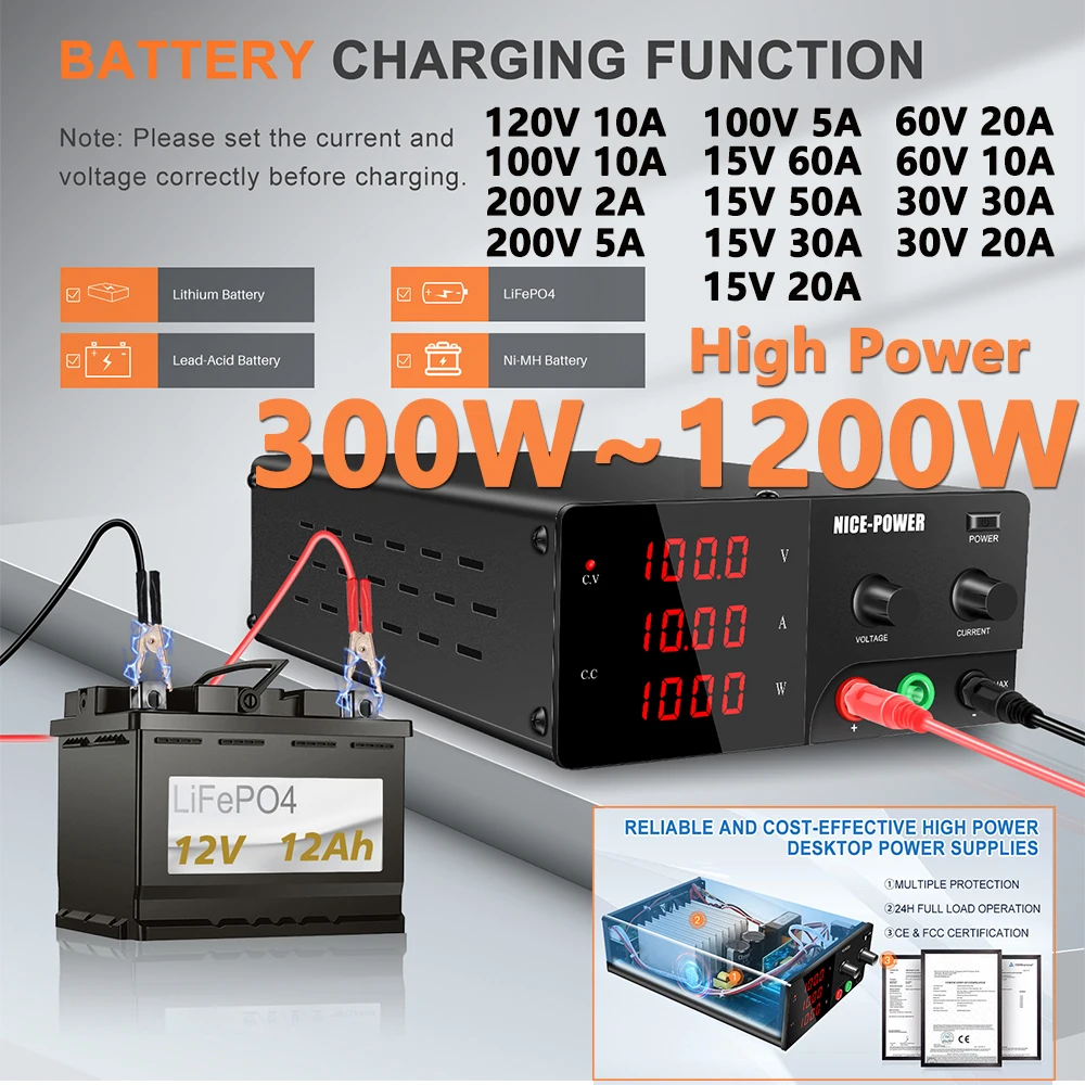 Nice-Power Hight Lab Dc Voeding 30v30a 120v10a 60a Verstelbare Laboratorium Schakelende Gestabiliseerde Voeding 300W ~ 1200W