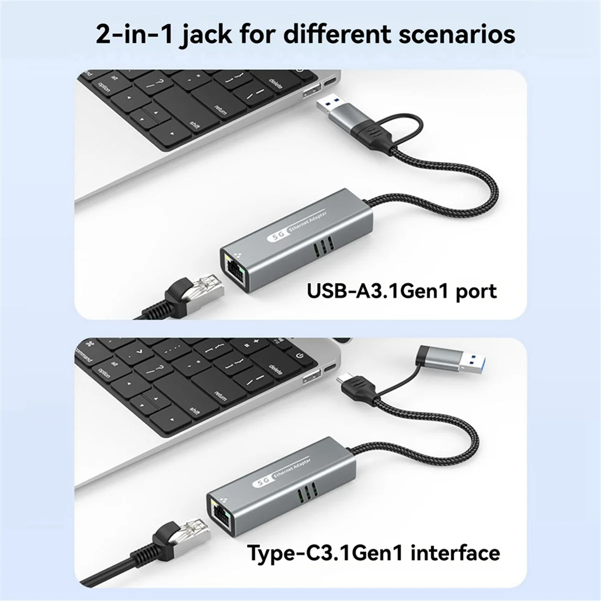 USB 3.0+Type-C-5G 유선 네트워크 카드 어댑터 1000Mbps 네트워크 어댑터 노트북 Win10/11/Mac OS용 RJ45 네트워크 포트