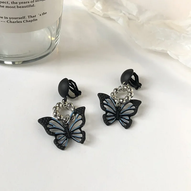 Statement Hollow Out Long Black Butterfly Clip on Earrings Korean Temperament Ear Clip Earrings for Female Without Ears Hole