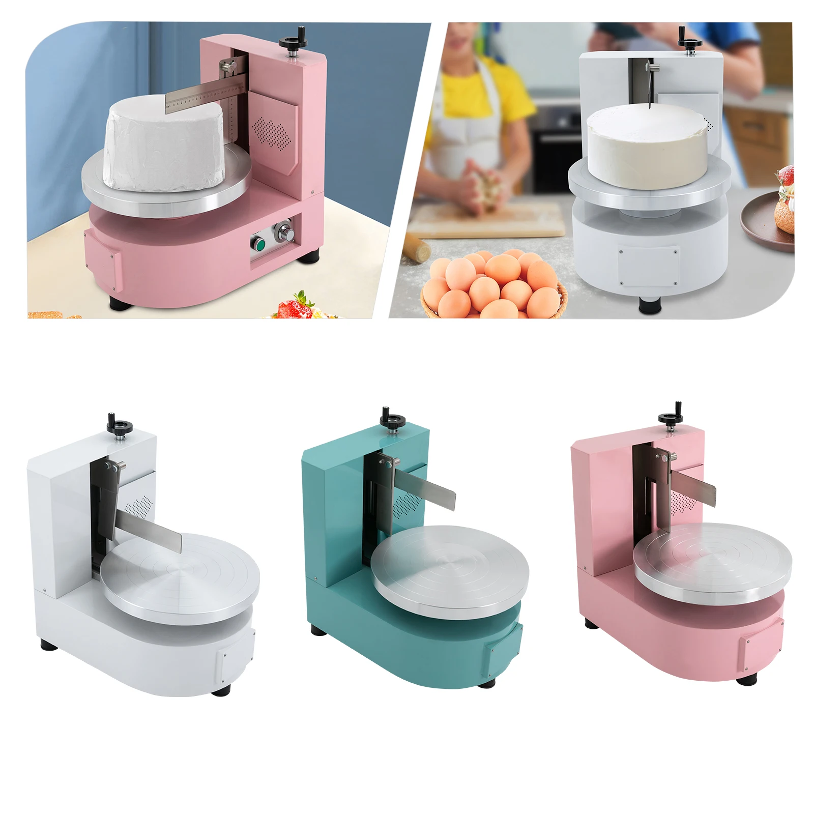 

80W 110V Cake Decorating Coating Machine(Blue/White/Pink) with a Rotating Pan and Adjustable Scrape Fits 4-12 Inches Cake Making