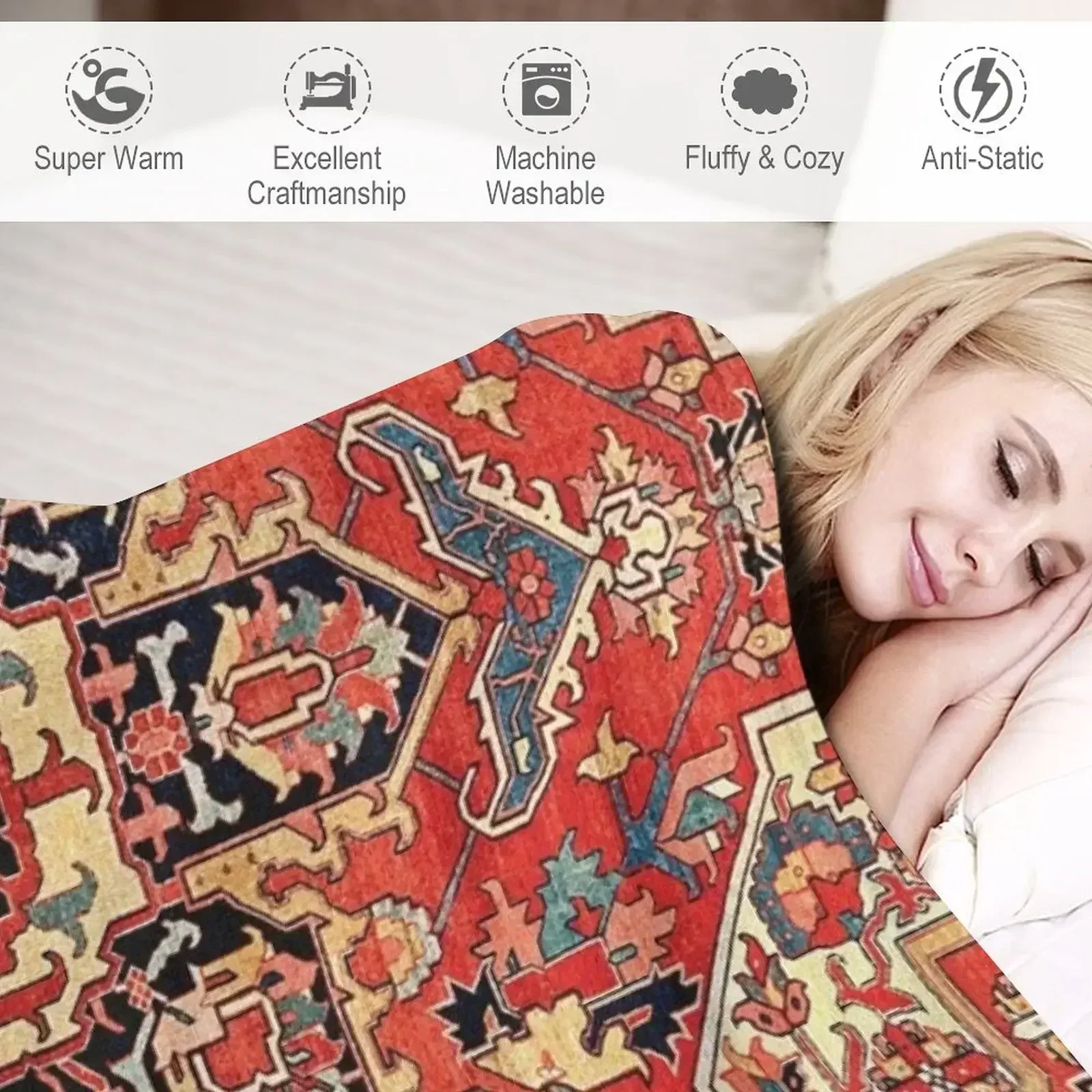 Serapi Antique Persian Carpet Print Throw Blanket couch cozy soft plush fuzzy picnic outdoor blanket 4