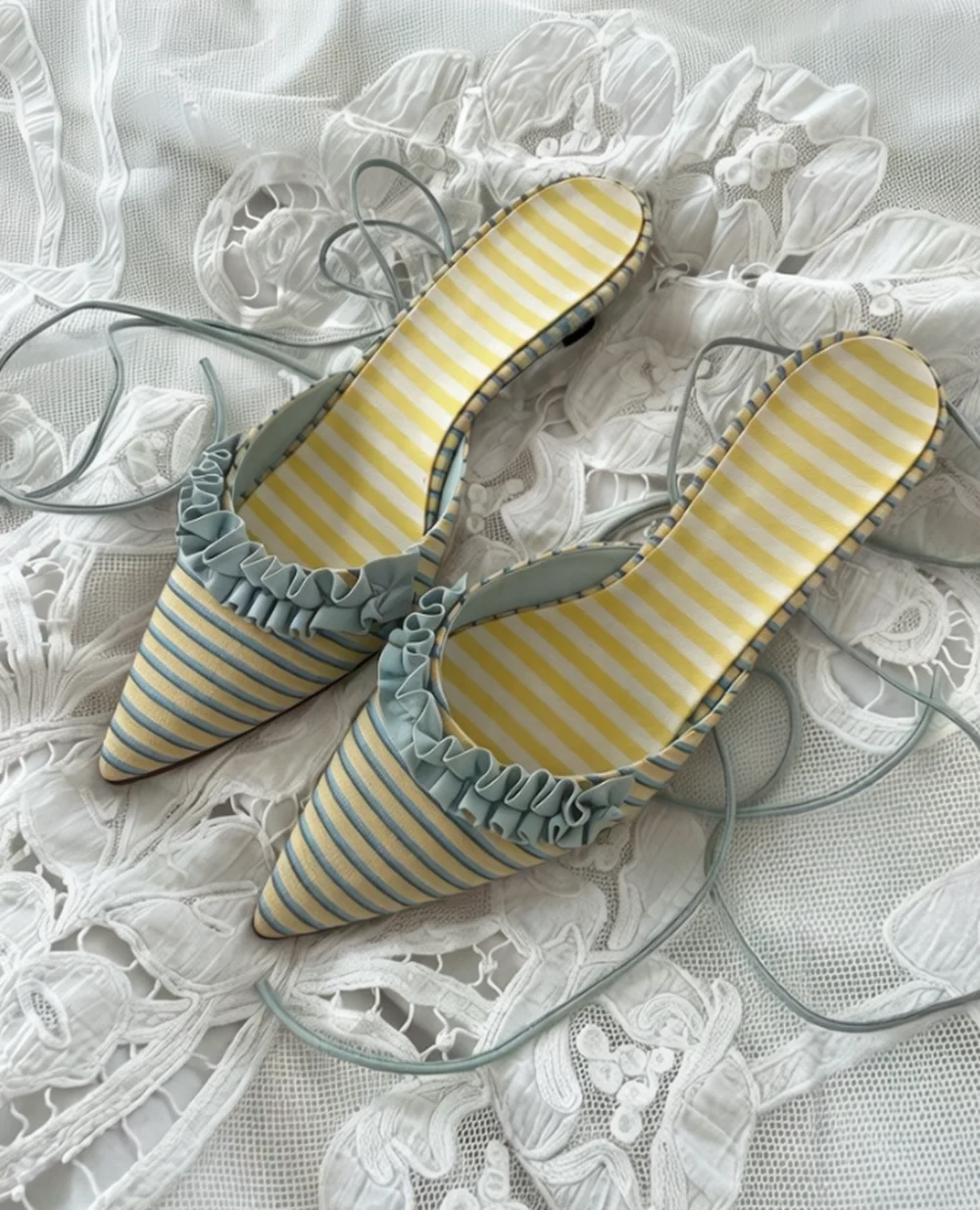 Yellow Striped Pointed-Toe Mules Ruffled Trim Light Green Ankle Straps Design Casual Style Stilettos Heel Sandals for Lady Looks