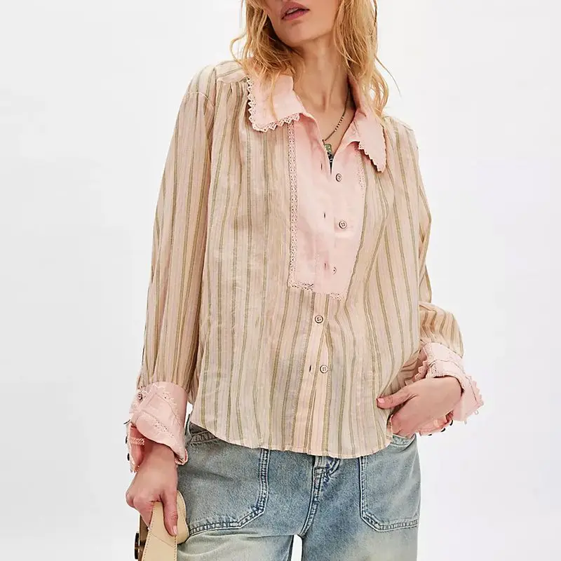 

Combhasaki женская весенне-осенняя шикарная рубашка на пуговицах с кружевной отделкой и отложным воротником, топ Y2k, эстетичная полосатая свободная блузка, уличная одежда