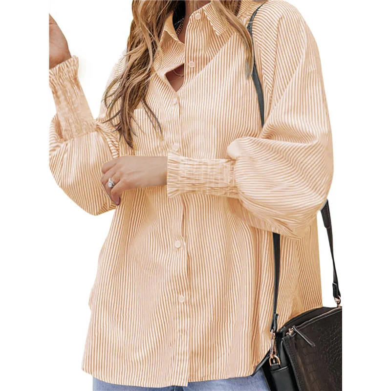 قميص نسائي مخطط بأزرار سفلية بلوزة صديقها مكبلة بأكمام مكشكشة ملابس علوية غير رسمية مع جيوب