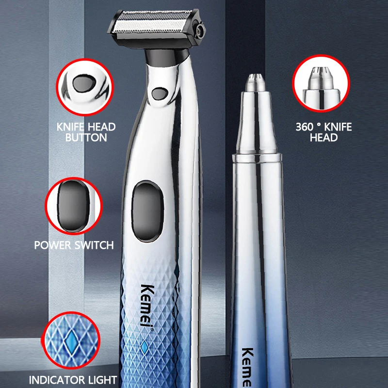 Kemei-Aparador Recarregável de Nariz, Ouvido e Nariz, Barbeador Elétrico Indolor, Barbeador Versátil, Uso Húmido e Seco, 2 em 1, Homens e Mulheres