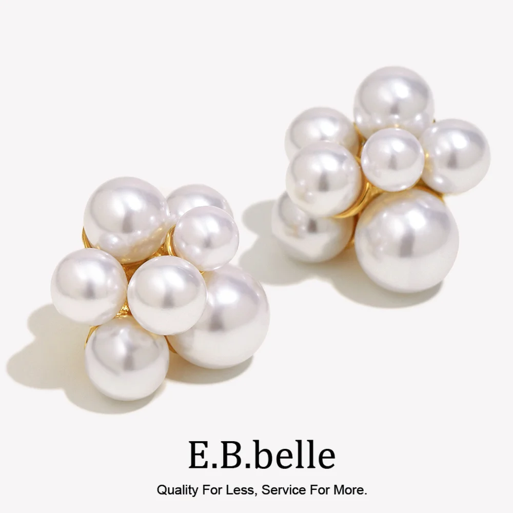 E.B.belle Elegant Style Pearl Stud Earring Tarnish Free Stainless Steel 18K Gold Plated Fashion Women Jewelry Party