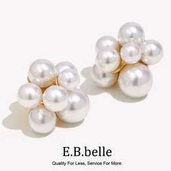 E.B.belle Elegant Style Pearl Stud Earring Tarnish Free Stainless Steel 18K Gold Plated Fashion Women Jewelry Party