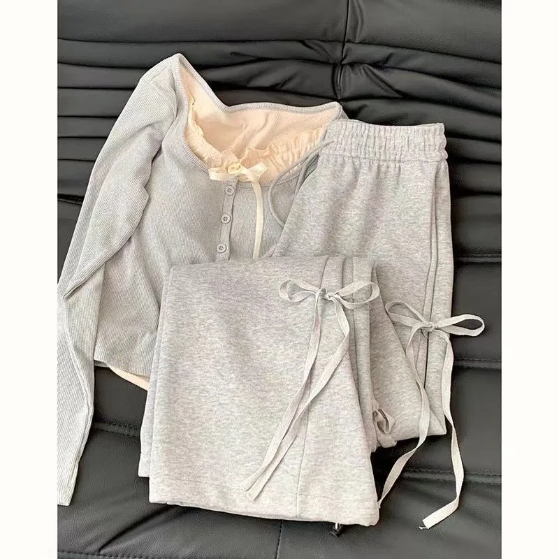 Costume deux pièces gris décontracté de style coréen pour femmes, nouveau design de nœud, super doux, taille haute, pantalon slim à jambes larges, printemps, 2024