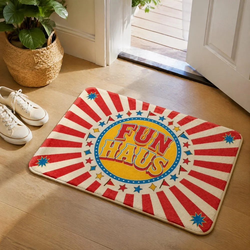 Vintage Circus Radiant Stripe Flannel Doormat, Non Slip Indoor Entrance Floor Mat,Retro Carnival Pattern Area Rug,Front Door Mat