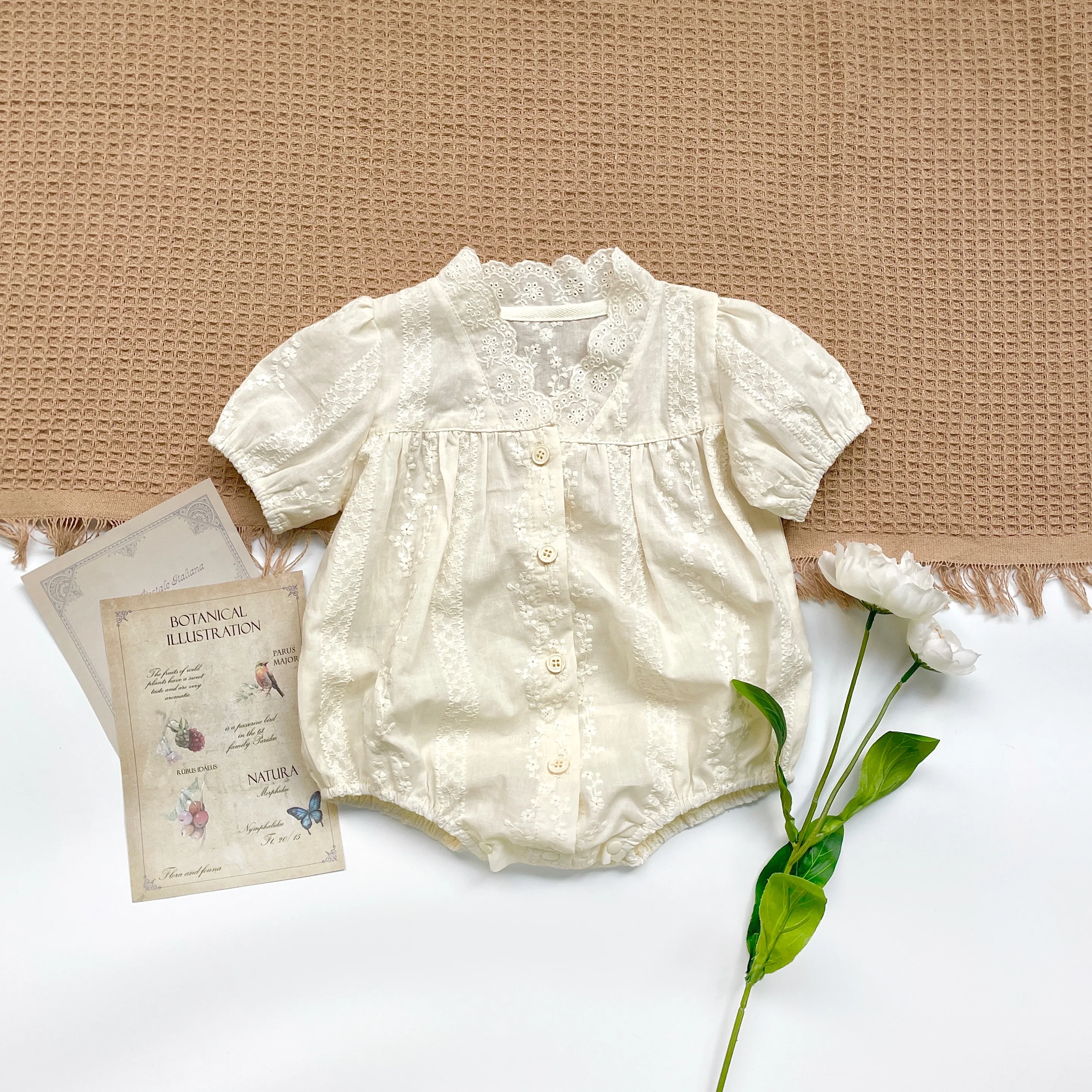 FLM Summer Baby Romper  Short Sleeves  Princess  Lace Collar Solid Color Baby Bodysuit  Thin 0-2 Years Old