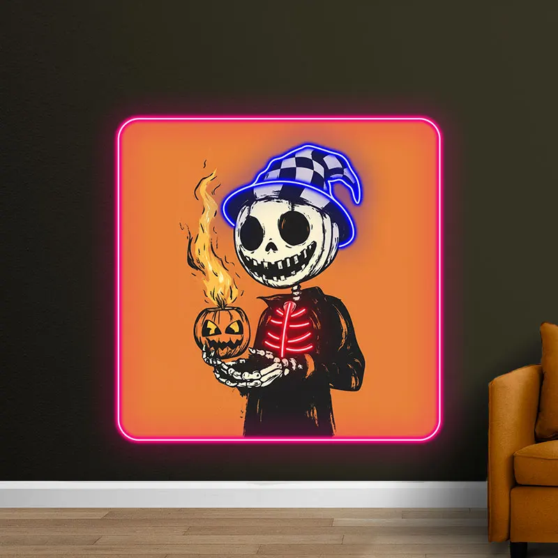 Spooky Skeleton with Pumpkin Neon Light, Halloween LED Sign, Perfect for Party Decoration, Haunted House, Trick or Treat Display